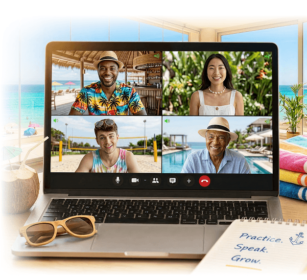 Students practicing English together in a summer video call